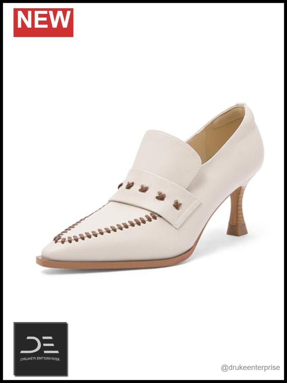 Women's Faux Leather Kitten Heel Pumps, Pointed Toe Loafers with Hand-Stitched